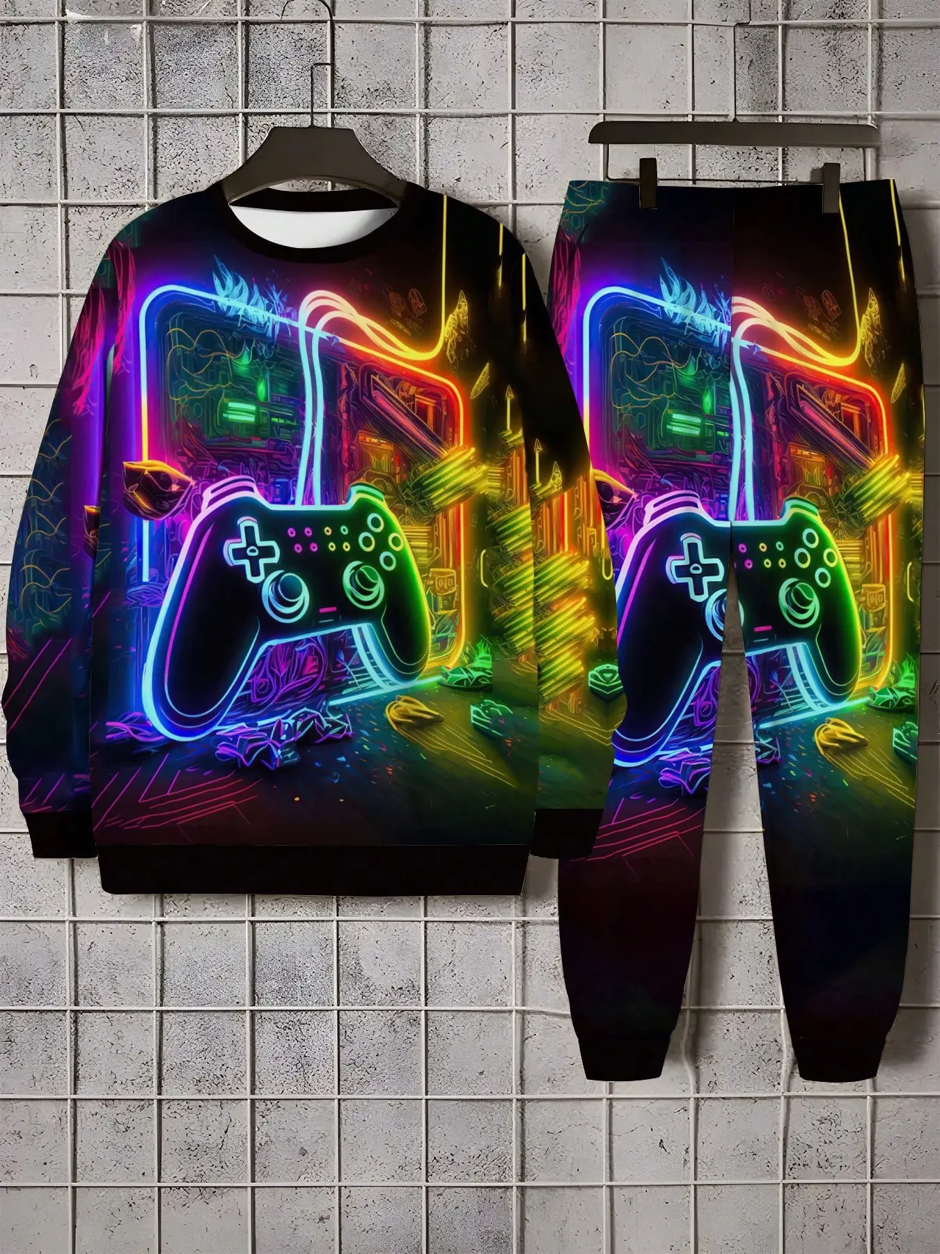 Cyber Neon Game Controller Print Hoodie and Pants Set, Casual Loose-Fit Two-Piece, Student Campus Wear, All-Season Comfort