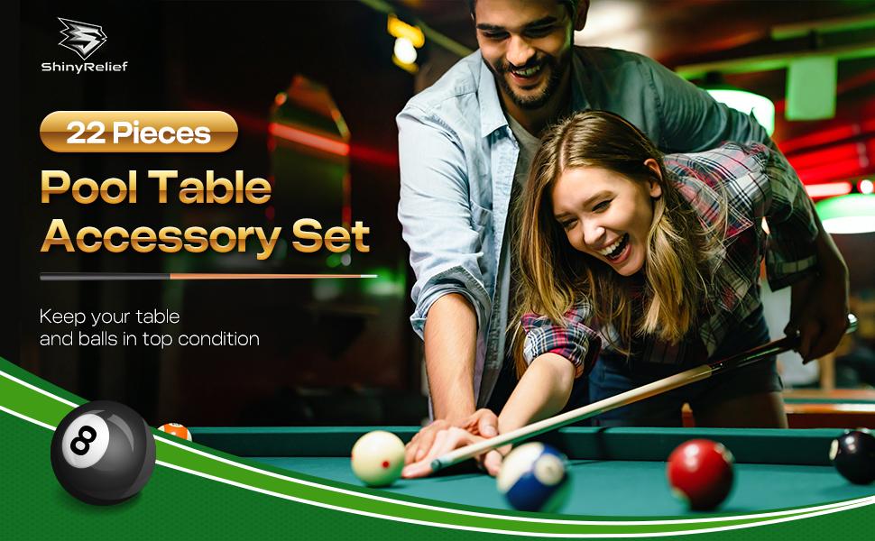 ShinyRelief 22 Pcs Pool Table Brush Set Wooden Billiard Rack 8 or 9 Ball Triangle Diamond for 2-1/4" Pool Ball with Polish Cloth Sticky Lint Roller Cue Chalk Cube Accessories