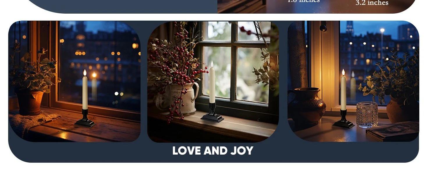 6 Pcs Window Candles with Sensor Dusk to Dawn, Ivory Electric Window Candle Flickering, Christmas Fake Candles Battery Operated, Led Candlesticks with Black Holders for Xmas Holiday Decor