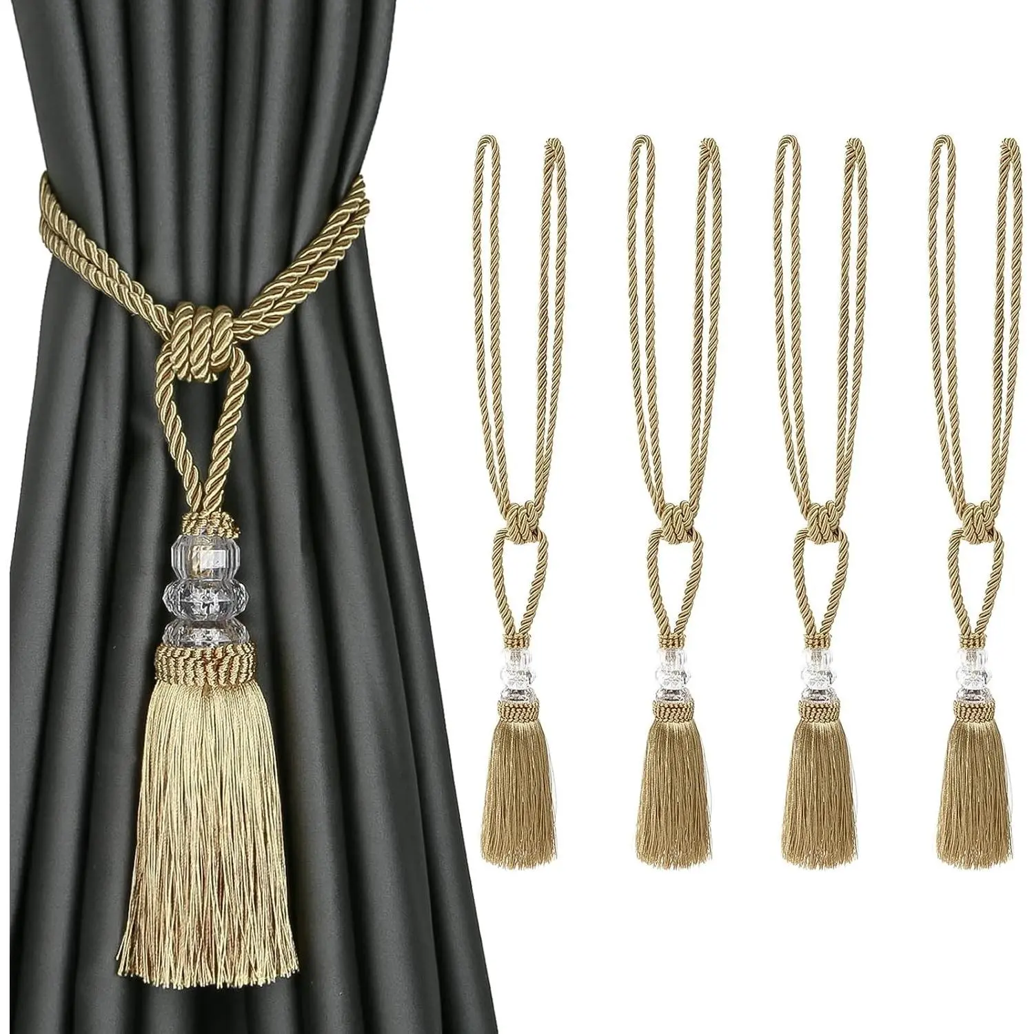 4 Pack Curtain Tiebacks Hand-Woven Holdbacks Tassels Tiebacks | Crystal Tassels Tiebacks, Home Decorative,Curtain Tie, Tiebacks for Drapes, Rope Curtain Tiebacks (Golden, 4 Pack)