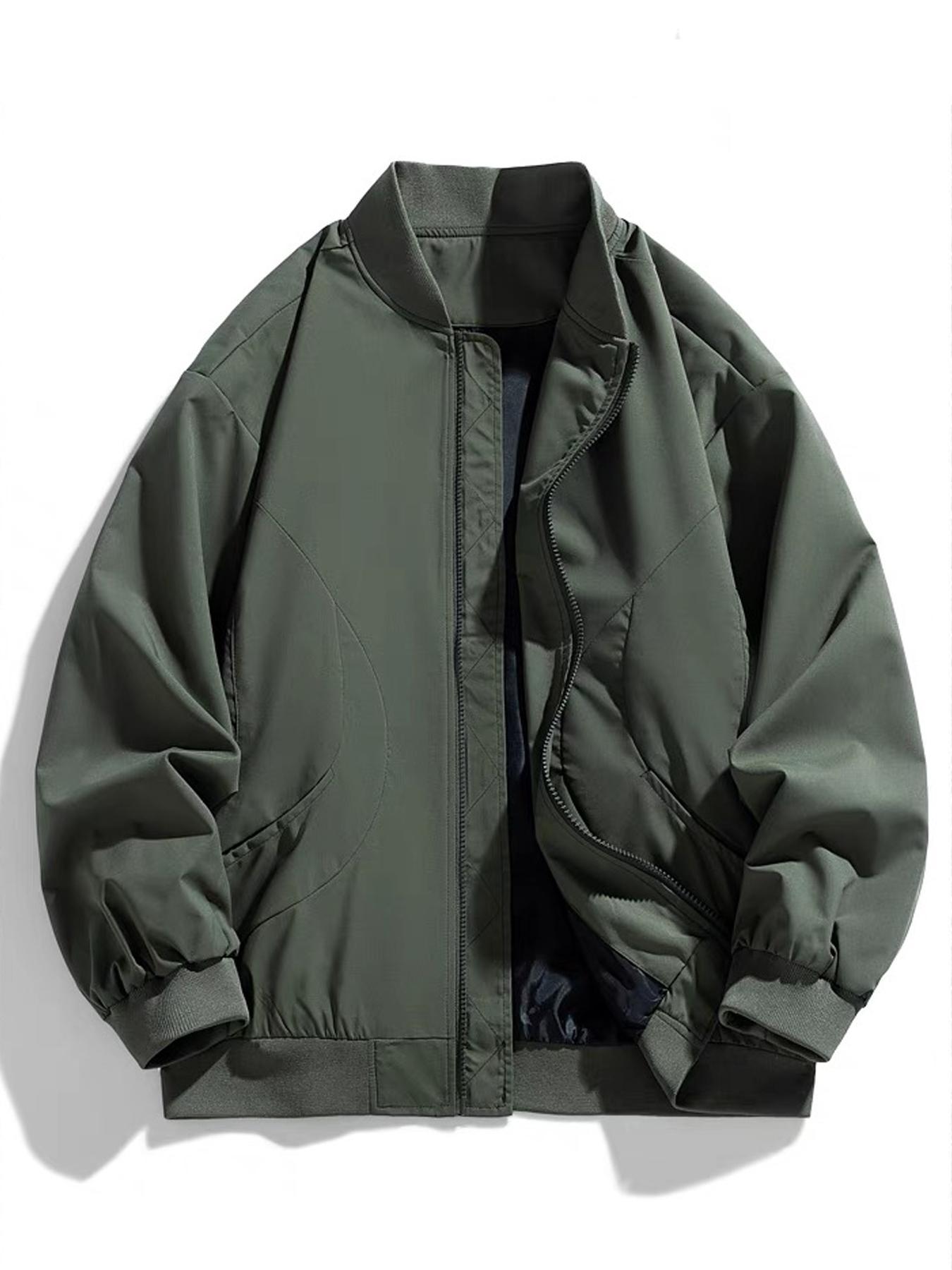 Men's Regular Fit Solid Baseball Collar Zip Up Jacket, Casual Fashion Comfy Lightweight Outerwear for Spring & Fall, Men's Clothes for Daily Wear, Coats, Menswear