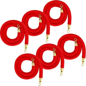 5ft Stanchion Ropes 6 Pack Velvet Crowd Control Rope Barrier with Gold Metal Hooks VIP Line Queue Divider Guide Cords for Red Carpet Event Wedding Party Hotel Theater Restaurant Security Safety Railing Barriers