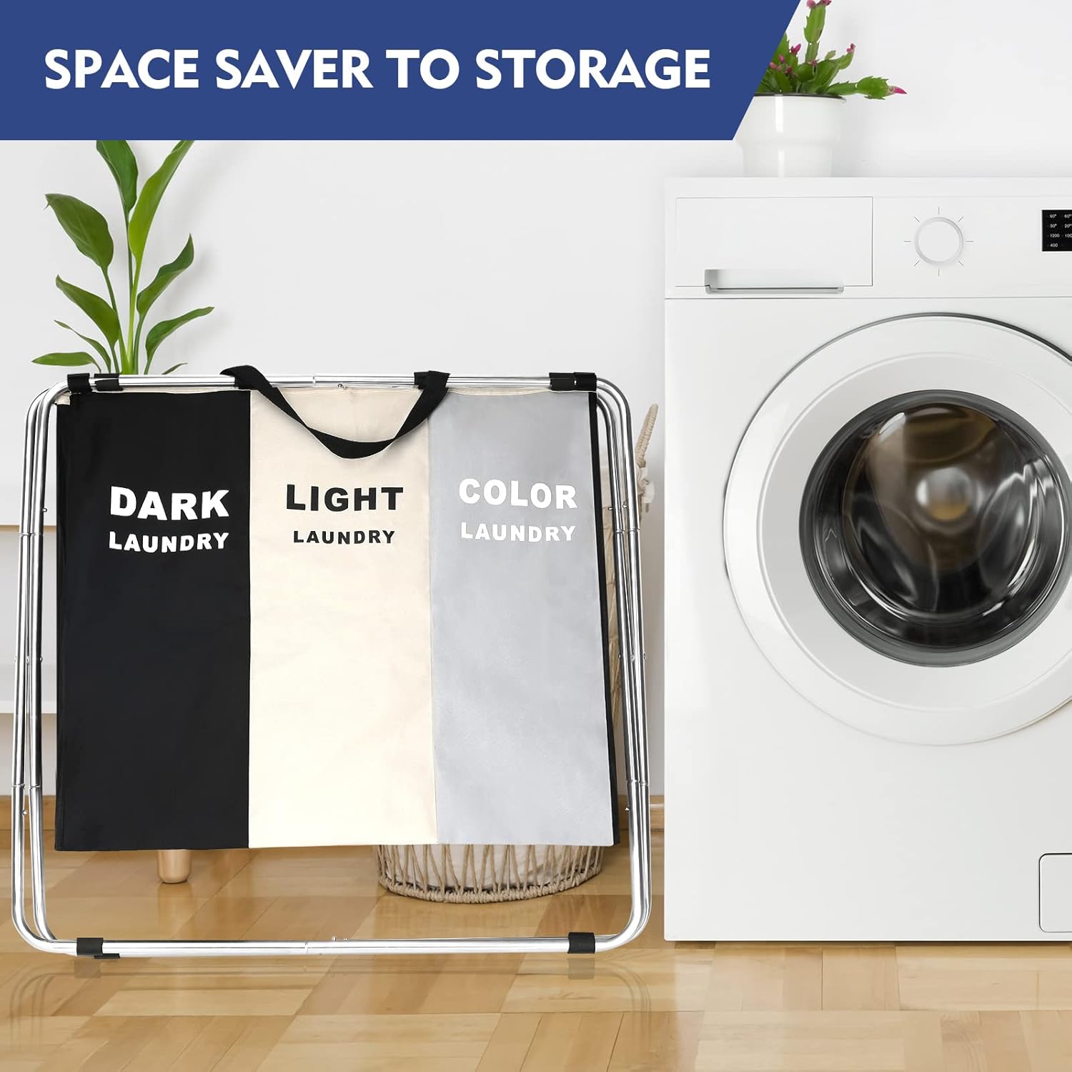 PLL Large Laundry Basket, Freestanding Collapsible Clothes Hamper with Handles for Clothes and Toys in Dorm & Family Closet Storage