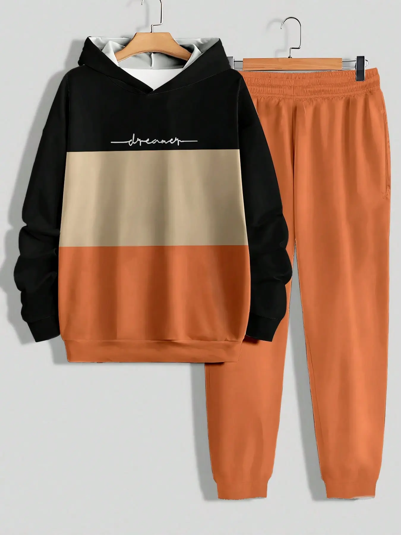 Return-To-School Three-Color Patchwork Dreamer Hoodie Set, Handwritten Letter Print, Casual Loose-Fit Two-Piece, All Seasons