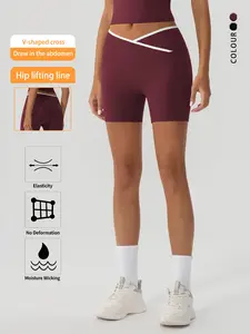 Women's Burgundy Colorblock Cross V-Back Cycling Shorts, High Waist Tummy Control Butt Lift Yoga Shorts, Non-Sheer