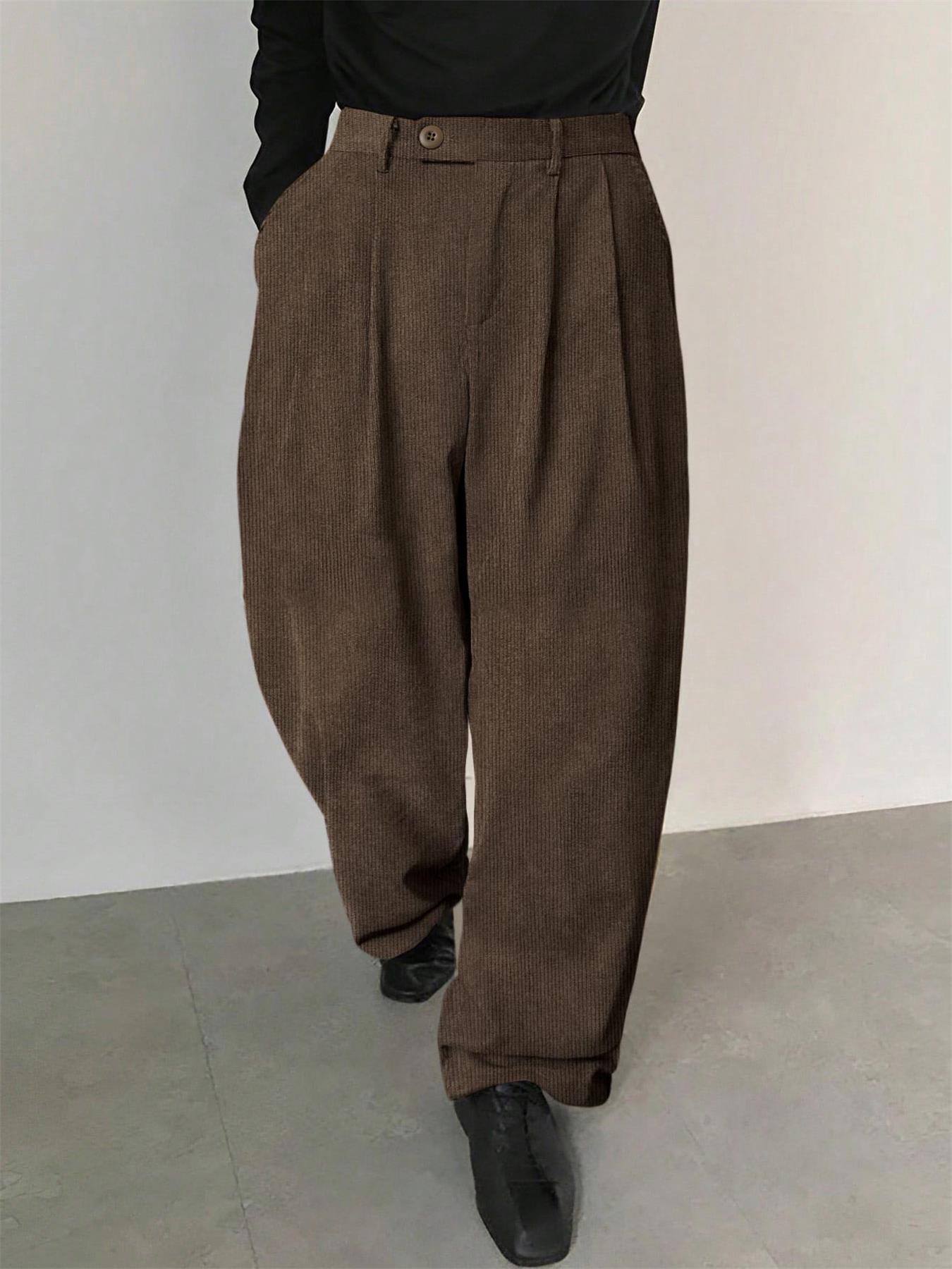 Men's Solid Color Button Fly Side Pocket Corduroy Carrot Pants, Loose-Fitting Casual Comfy Zipper Trousers for Daily Wear, Woven Bottoms for All Seasons, Casual Textured Trousers