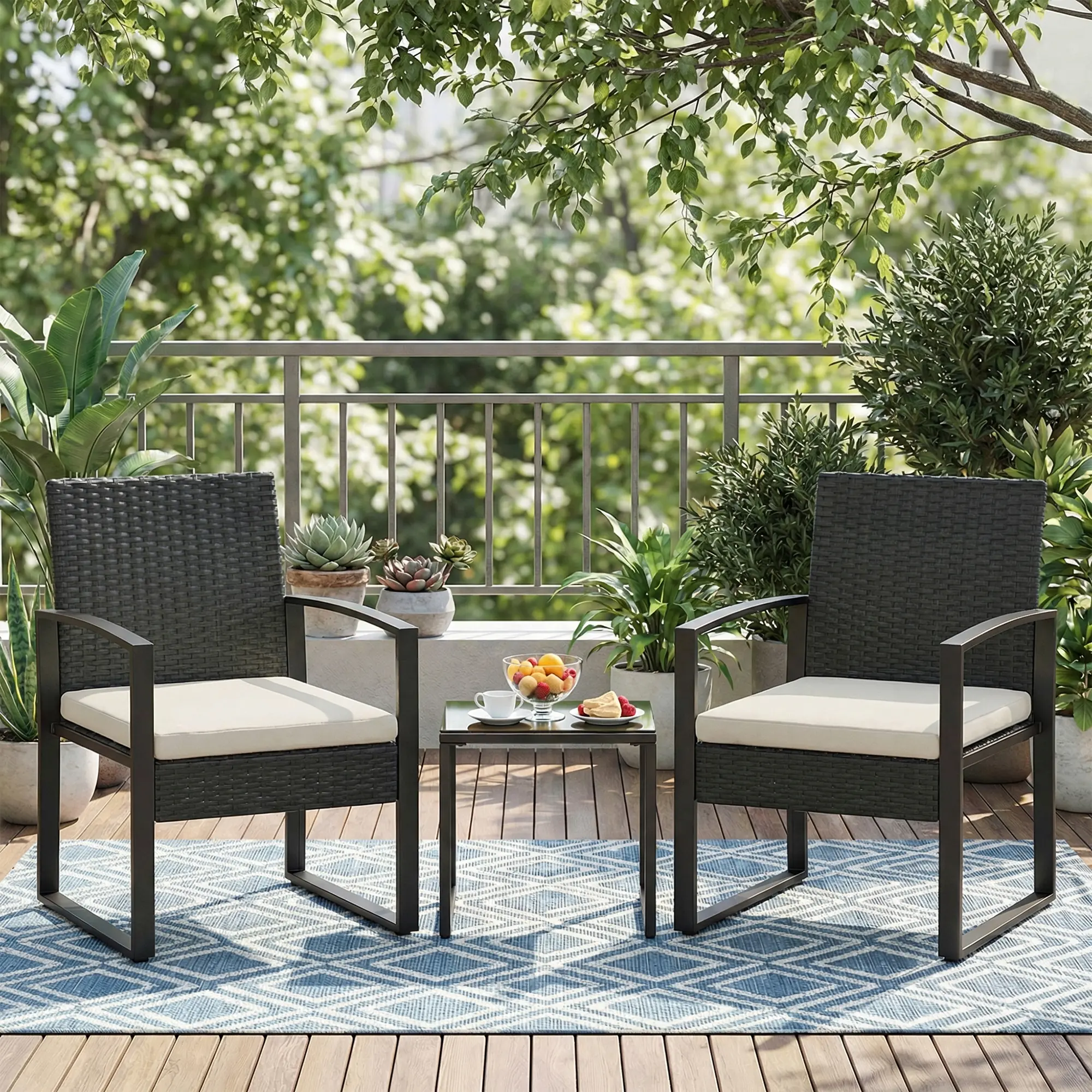 Garvee 3-Piece Patio Bistro Set - PE Rattan Wicker 2 Chairs & Tempered Glass Table - Outdoor Conversation Furniture for Balcony, Garden, Porch, Backyard - Black Rattan, Offwhite Cushions