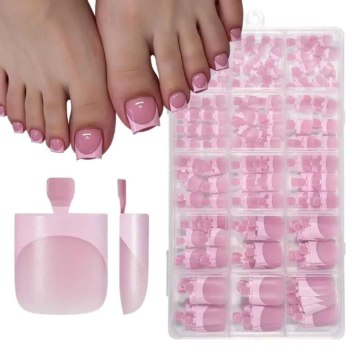 Women's 150Pcs Matte Pink Medium Square Press On Toenails - 15 Sizes, French Tip Design, Apply Quick, Salon Look Summer Nail Art Kit, Press On Nails, Medium Square Nails