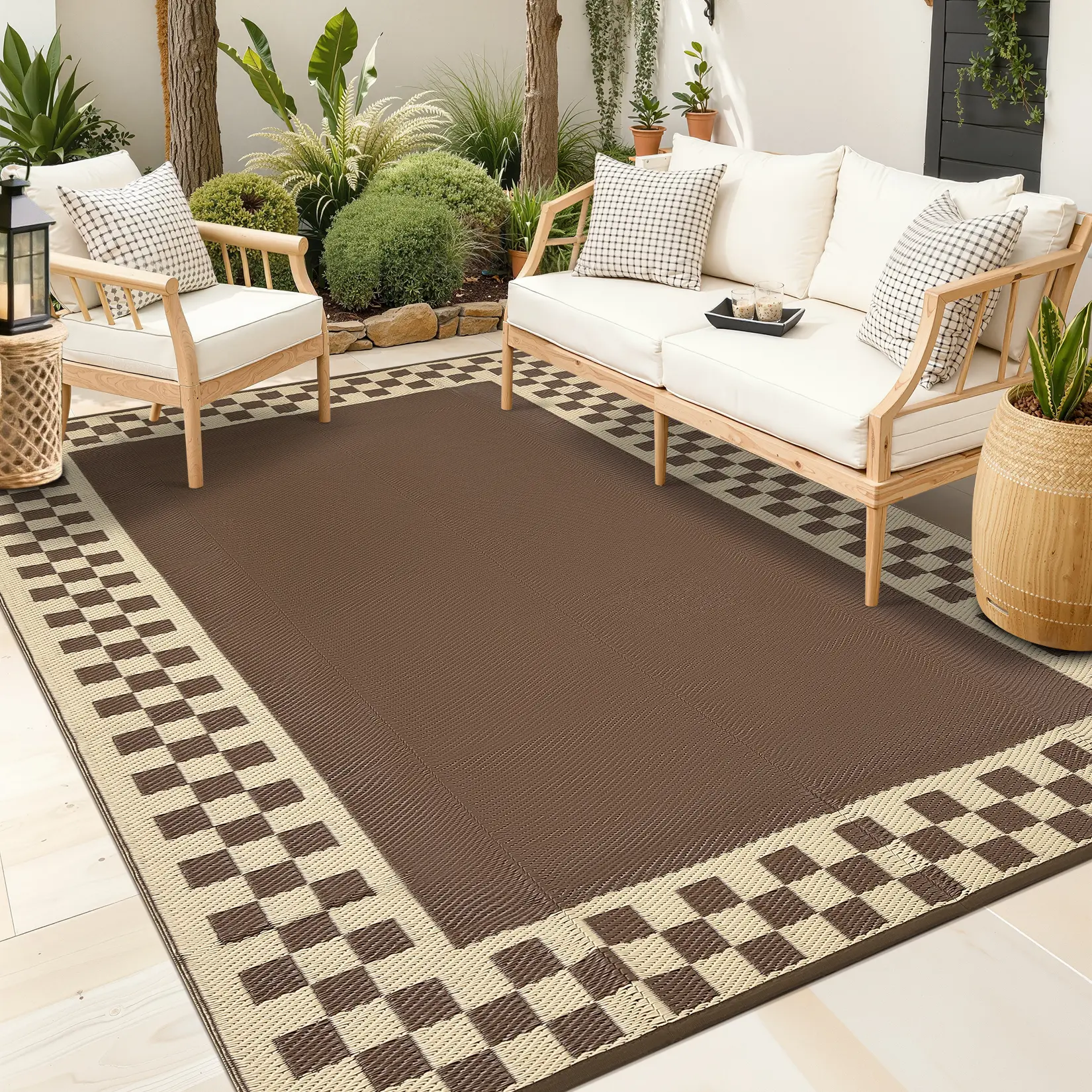 Reversible Waterproof Outdoor Rug - Modern Striped Checkerboard Plastic Mat, Easy Clean, Portable, Dustproof, Fade Resistant - Garden/Patio Rug - Brown Coffee/Peony Brown - 8'x10' (USA Spec)