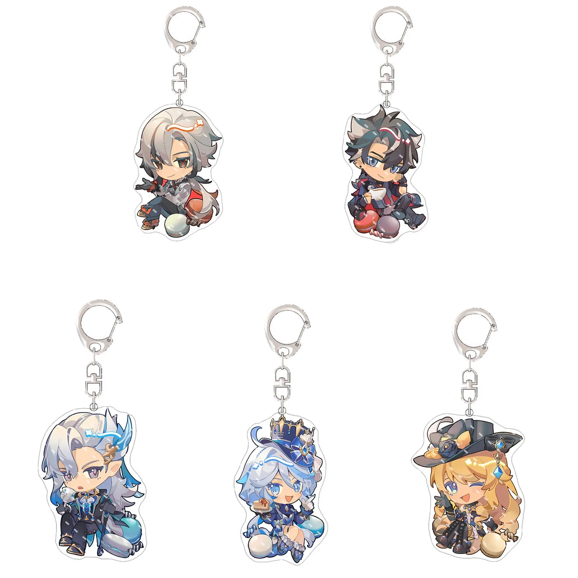Genshin Impact Cute Unisex Acrylic Keychain Pendant with Lanyard - 1 Set Collectibles (Neuvillette, Wriothesley, Navia, Furina, Arlecchino) for Portable Bag, Backpack Accessories