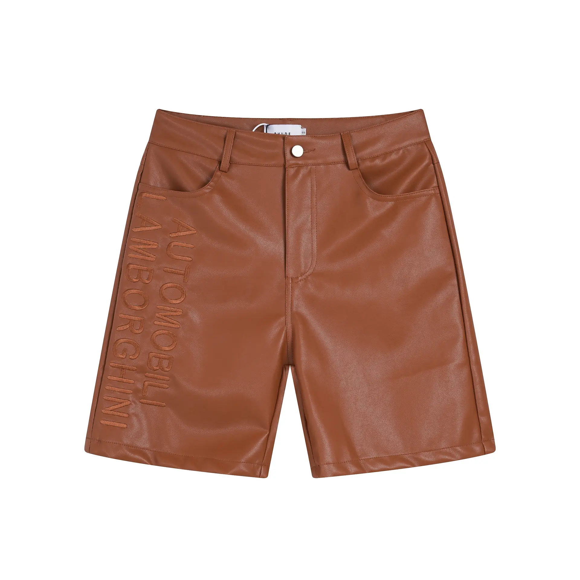 Men’s High Street Faux Leather Shorts – Embossed Letter Design Streetwear Casual Fit