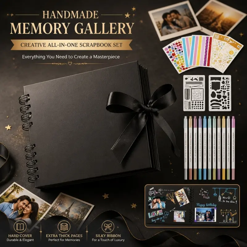 Scrapbook Set. Complete DIY album kit with markers, stickers and templates. Create memory galleries, record precious moments and make thoughtful gifts.