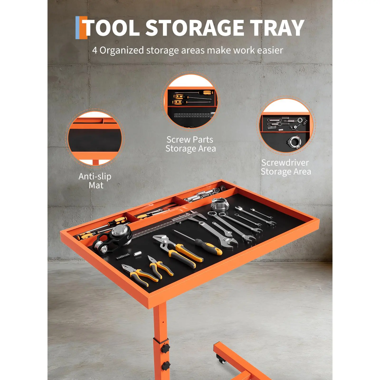 Garvee Heavy-Duty Adjustable Rolling Tool Tray Work Table - 220 lb Capacity, 38-45 in Height, 45 in Mobile Steel Workbench with Locking Casters for Garage, Repair Shop & DIY - Black/Orange