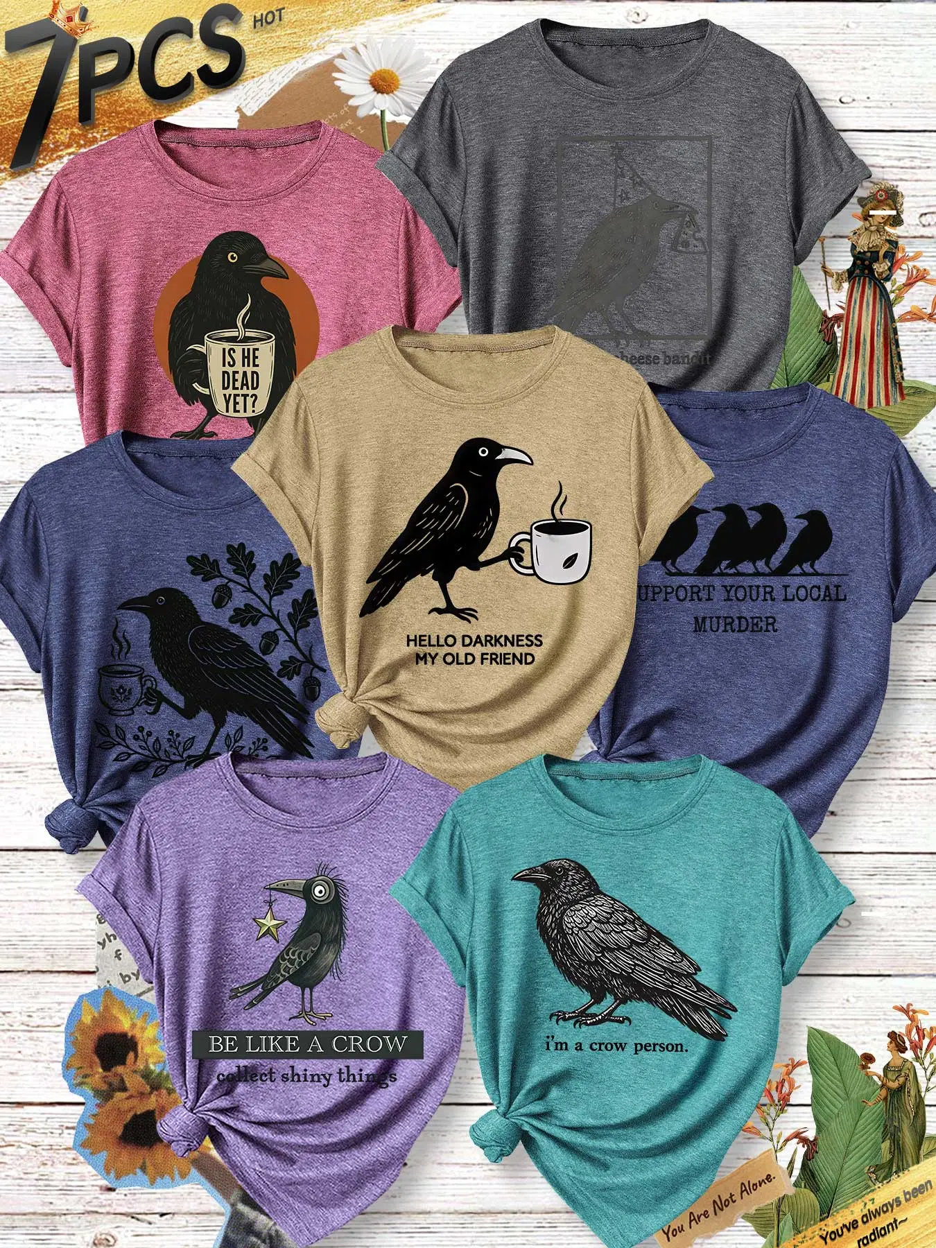 7Pcs Women Crew Neck T‑Shirts, Crow Themed Print Pattern, Multiple Colors Available, Machine Washable, Spring Summer Tops, Soft Skin‑Friendly Fabric, Daily Versatile Wear, Fashion Design Casual Tees
