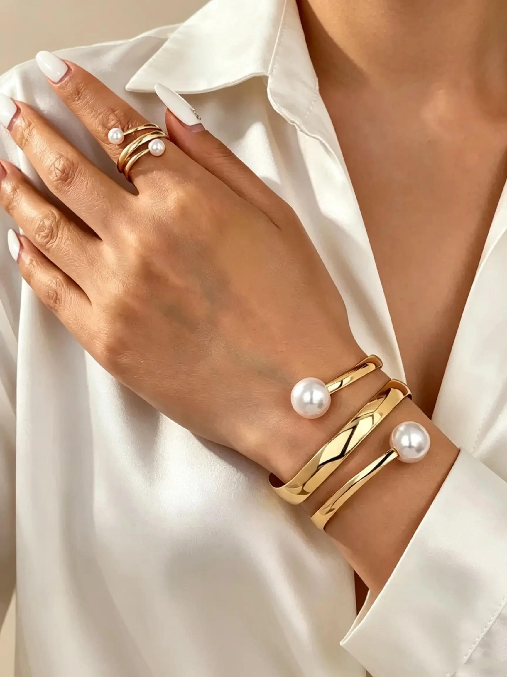 Pearl opening bracelet and stackable ring jewelry set, designed with a gold minimalist pearl bracelet and ring matching set, women's daily elegant accessories, women's holiday gifts