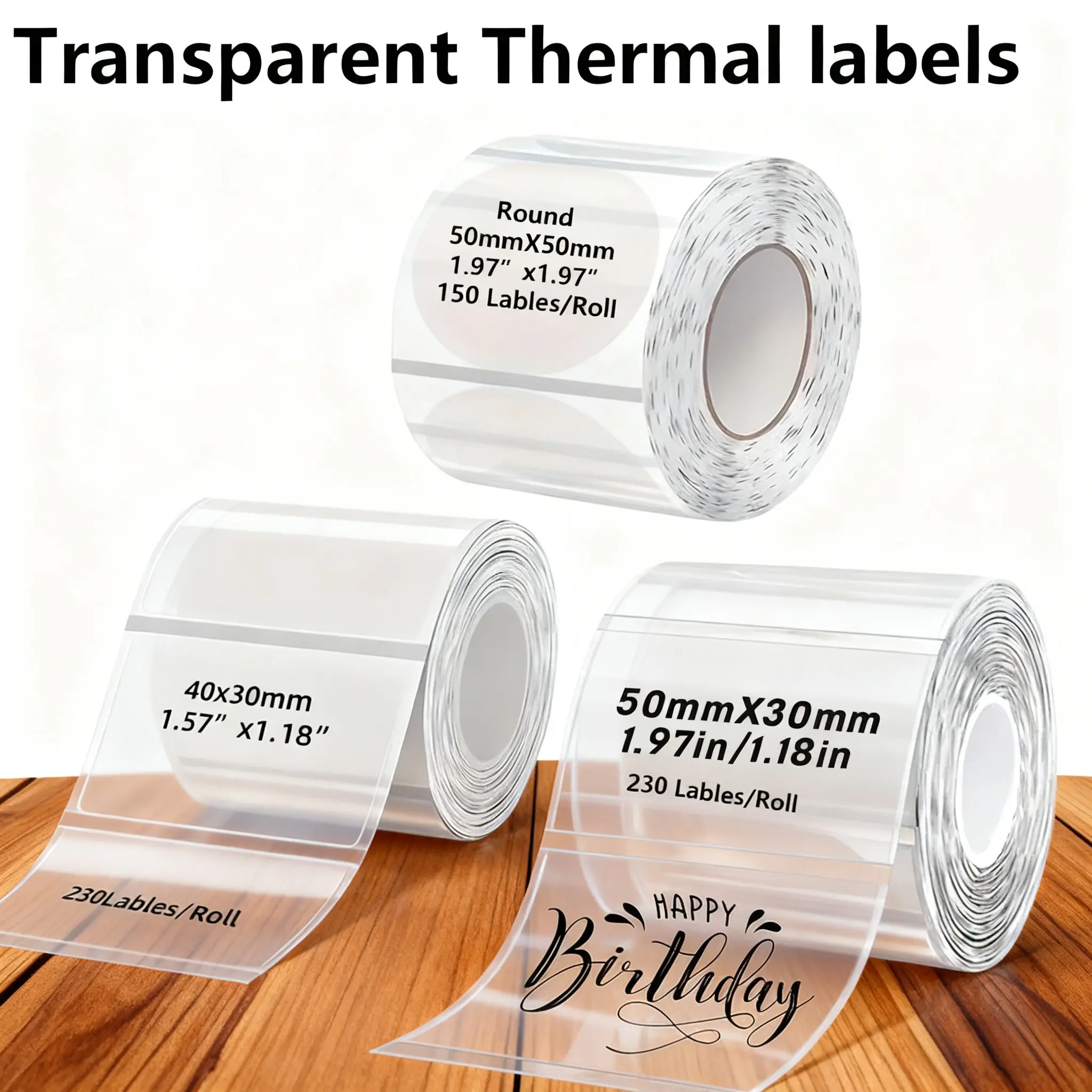 Label thermal paper white transparent combination, round 50 x 50mm, square 40 x 30mm, 50 x 30mm, suitable for M100/M110/M220/M200, suitable for gift sealing, holiday gifts, back to school supplies, Halloween supplies