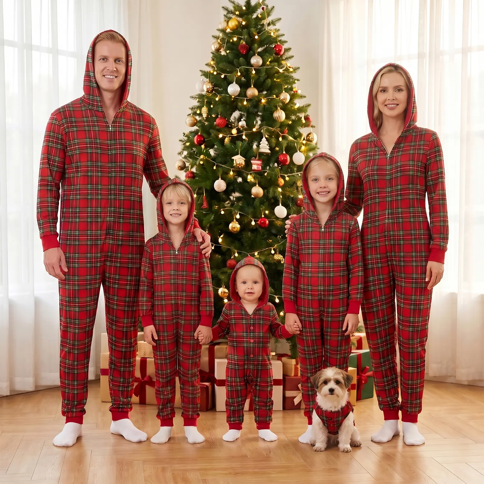 Family Matching Christmas Pajamas Set Plaid Long Sleeve Jumpsuit Sleepwear