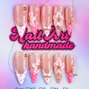 Y2K Style Long Point Artificial Nails, Handmade Press On, 4 Sizes XS S M L, Perfect for Parties, Dates, Gifts, Includes Jelly Glue, Crystal Stick, File