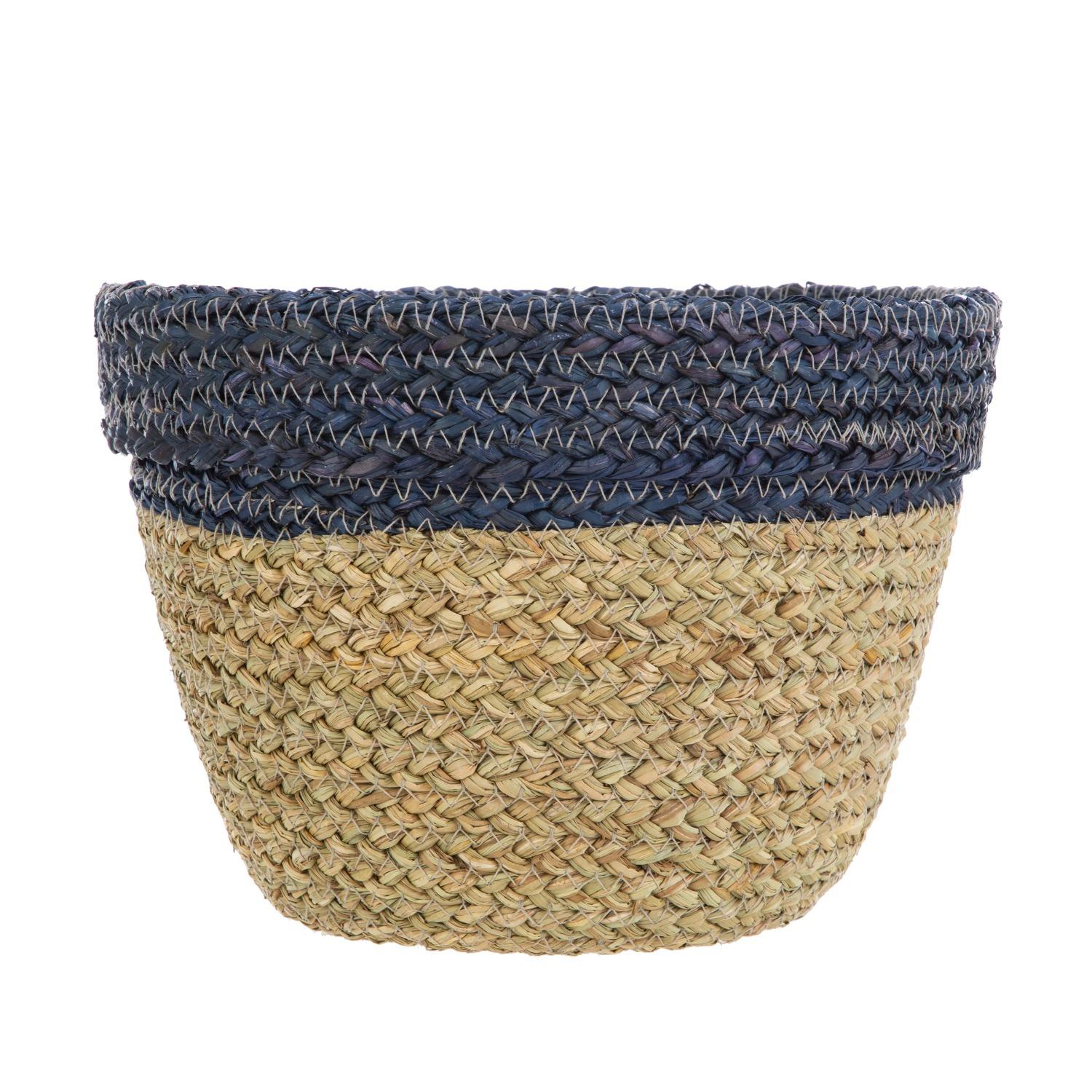 [Home Decor] Two-Tone Seagrass Basket - 11x8.3 Inch Navy & Natural Storage Bin for Shelf Organization & Displays