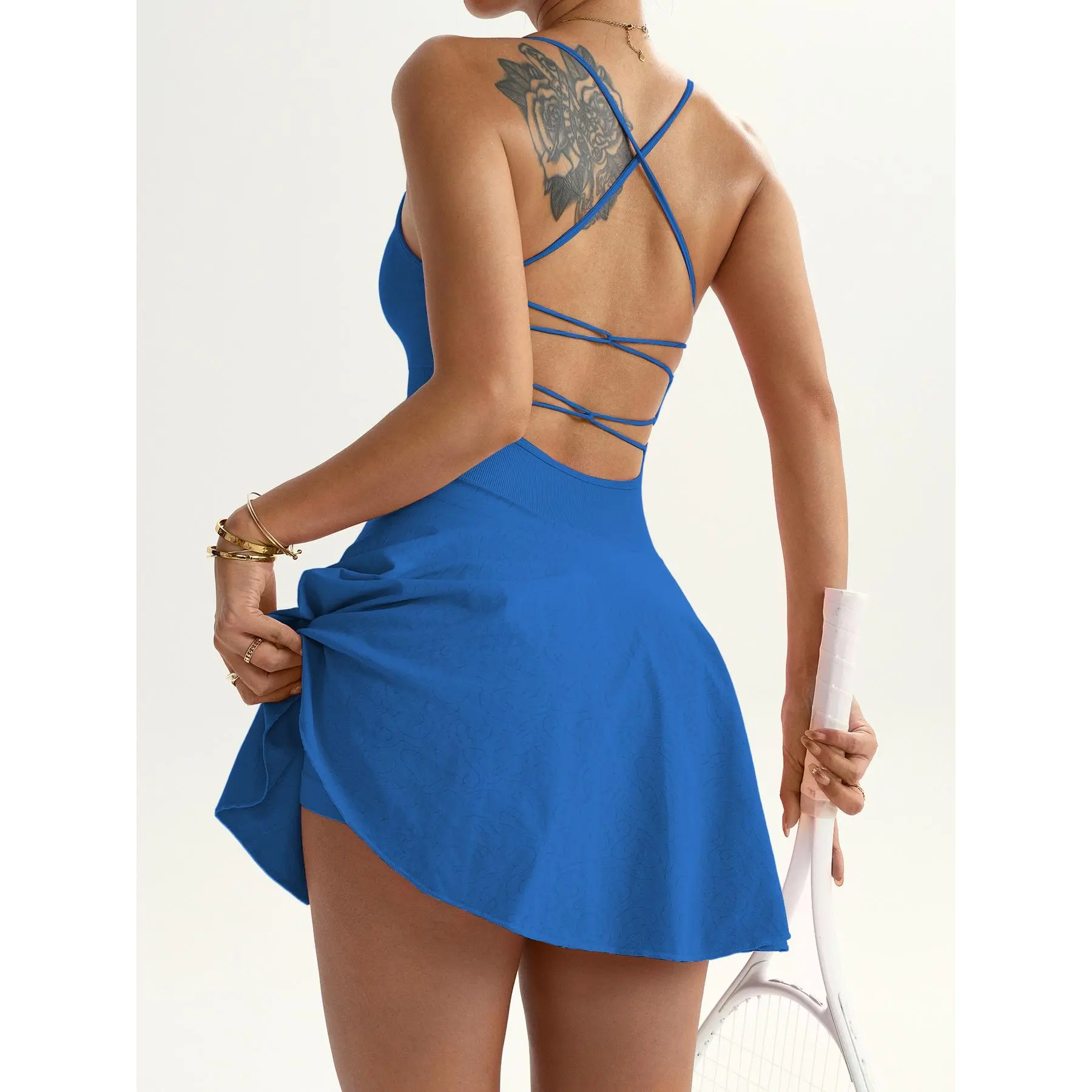 Women’s Square Neck Crisscross Lace-Up Back Athletic Skort Dress, Sleeveless Flared Mini Active Romper with Built-In Shorts, Lightweight Workout Outfit for Tennis Pickleball Yoga Gym Daily Casual