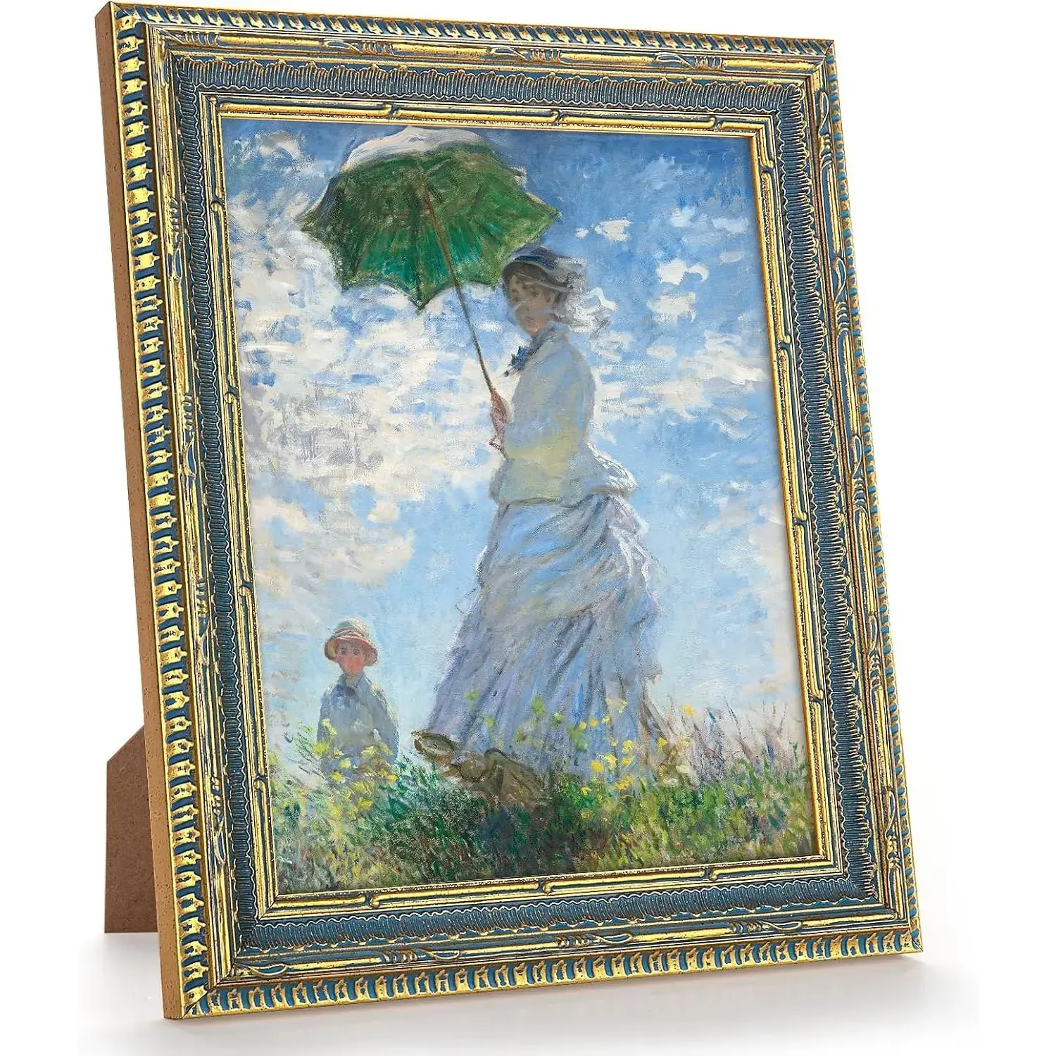 Vintage Gold Ornate 8x10 Blue Accent Photo Frame - Cardboard-Polystyrene Lightweight Home Decor, Easel Back Gallery Display Holder for Horizontal/Vertical Use, Ideal Gift for Vintage Framed Print Wall & Tabletop Frames