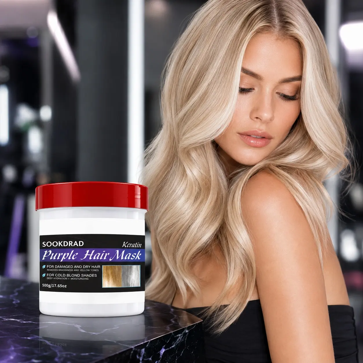 Keratin Purple Hair Mask, hydrates dry damaged hair, removes brassiness, eliminates yellow tones, deep moisturizing, for cold blond shades, 500g