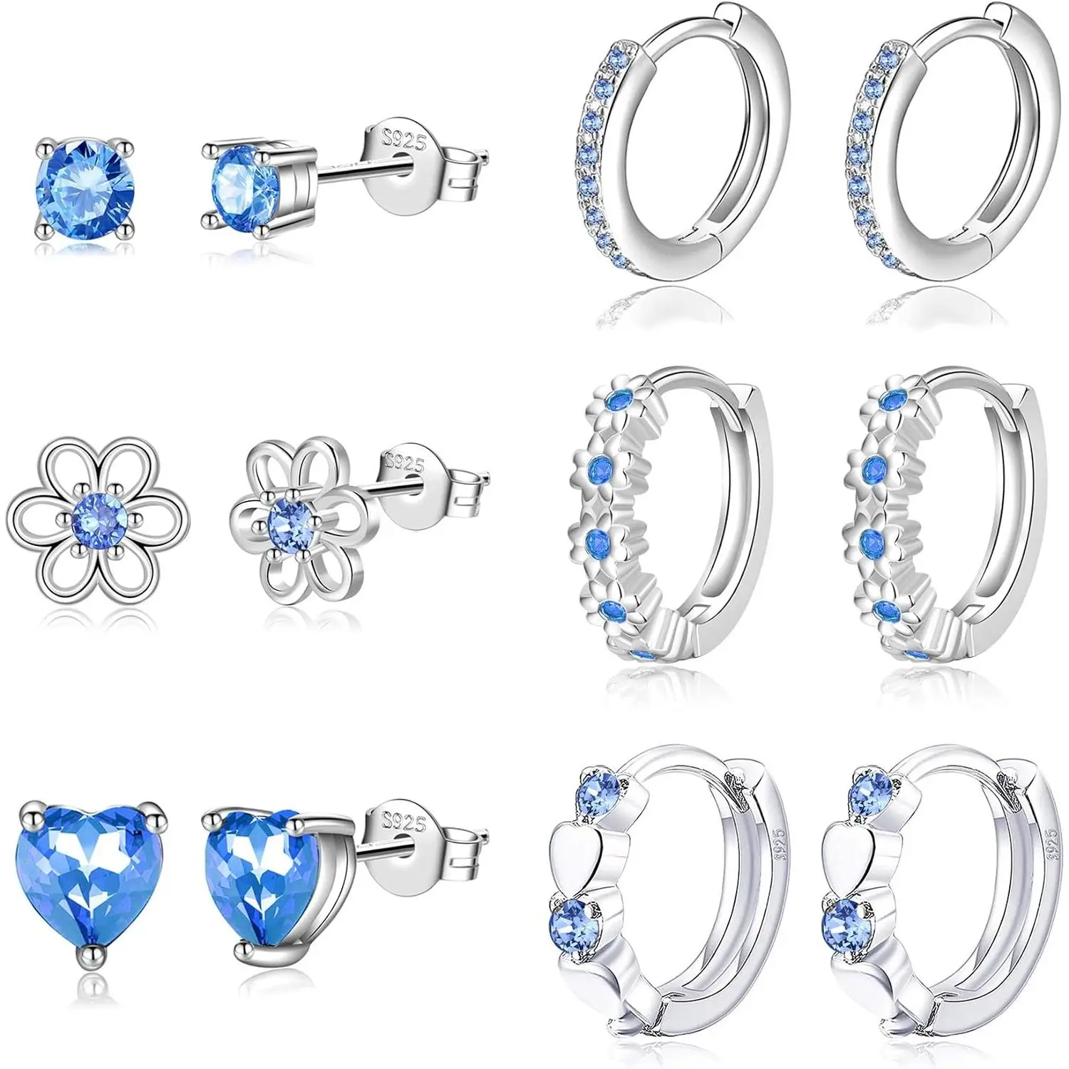 925 Sterling Silver 6-Pair Huggie Hoop & Stud Set Pack - Heart & Flower Designs, Tiny Cubic Zirconia, Hypoallergenic Small Cartilage Sleeper Metal Earrings