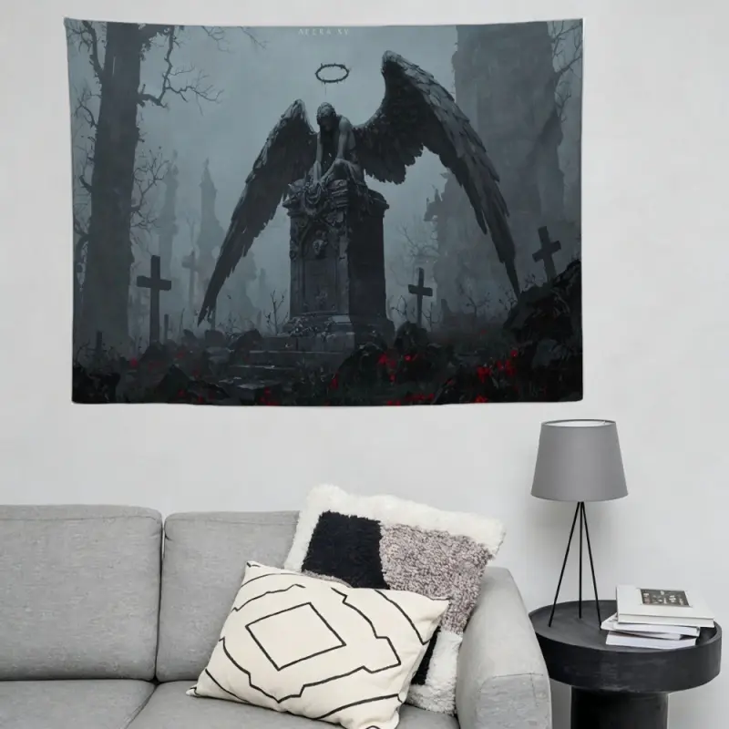 Gothic Angel Statue Tapestry Dark Graveyard Cemetery Crosses Mist Fog Landscape Wall Hanging Eerie Witchy Bedroom Living Room Decoration College Dorm Banner