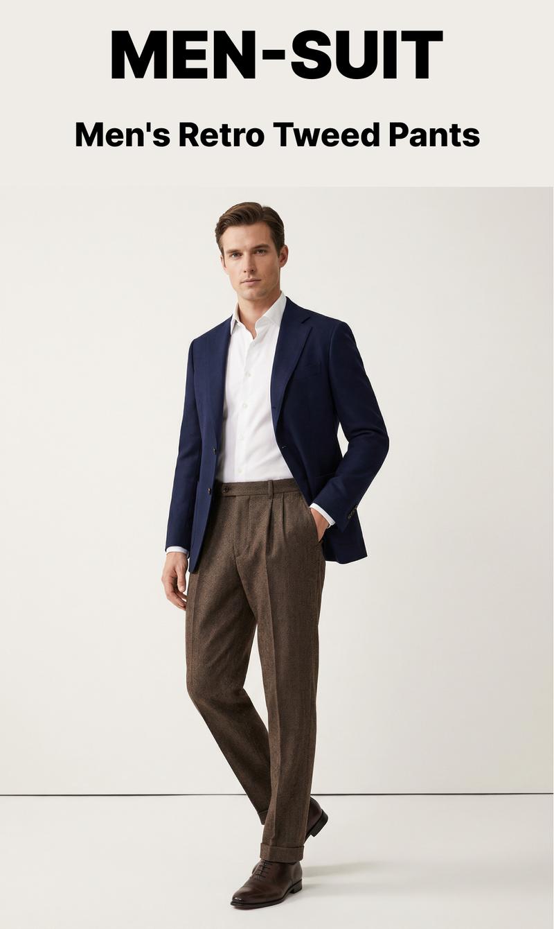 Men's Rtero Herringbone Tweed Wool-Polyester Blend Dress Pants: Elevate Formal & Smart-Casual Styles for Business, Weddings & Daily Polished Looks