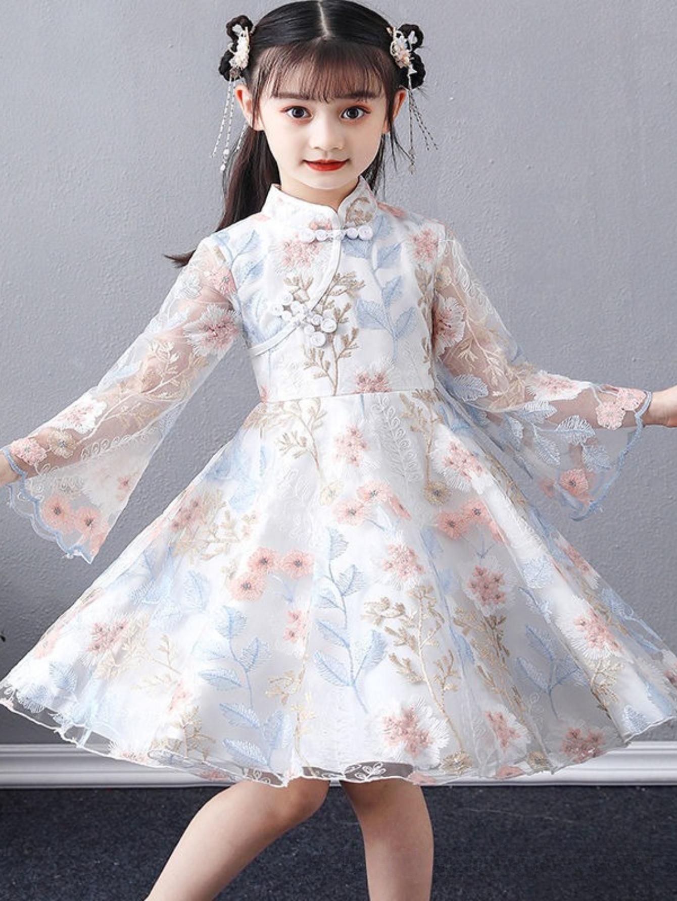 NewSummer Princess Dress for Girls Featuring New Chinese Style Jacquard Embroidery Mesh Elegance Traditional Hanfu