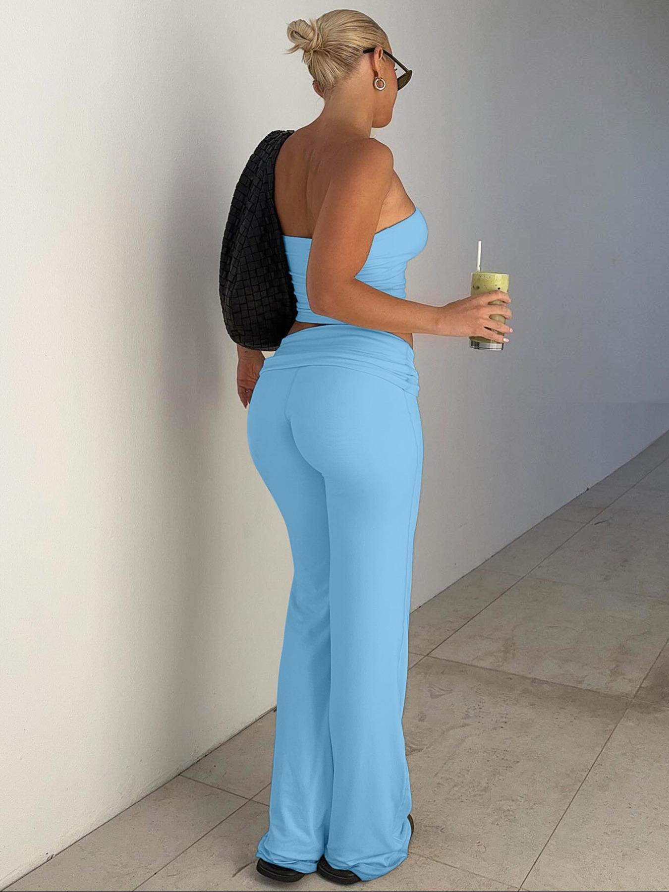 Ocean Style 2026    Two-Piece Set Women's Solid Crop Tube Top & Foldover Waist Flare Leg Pants, Casual Fashion Cozy Outfits for Daily Outdoor Wear, Ladies Clothes for Summer