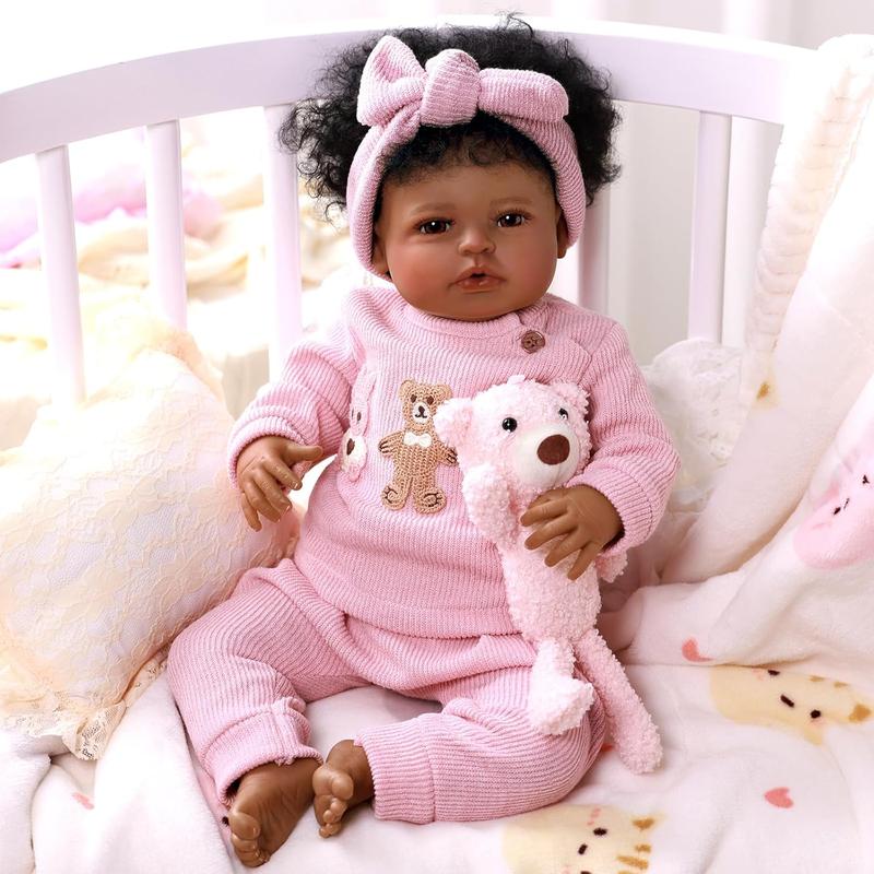 Babeside 20 Inch 8 Piece Baby Doll Set, Cloth Body + Vinyl Dark Skin, Unisex Toy with Gift Box and Feeding Accessories, Christmas New Year Birthday Gifts