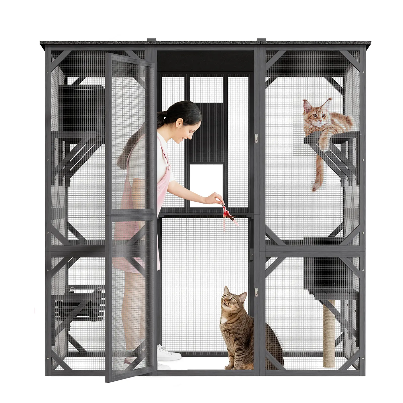 70'' Wooden Frame Walk-In Window Catio Outdoor Shelter for Multiple Cats, Multi-Level Play Cat Enclosure with Waterproof Roof, Platforms, Hammock, Scratching Post & Resting Box