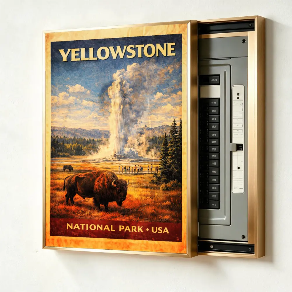 Yellowstone National Park Usa Bison Geyser Vintage Poster Art Hide Electrical Panel Decoration Breaker Box Decorative Cover Hide Breaker Box