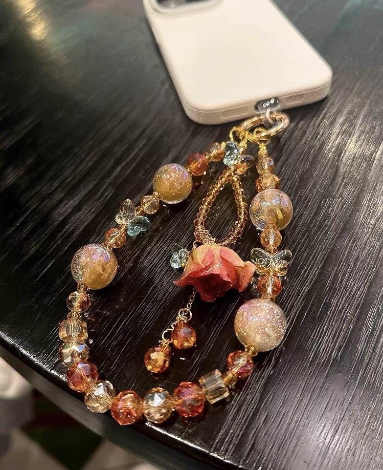 Elegant crystal orange-red glass beaded rose flower phone chain for women, keychain, phone pendant, anti-loss popular item