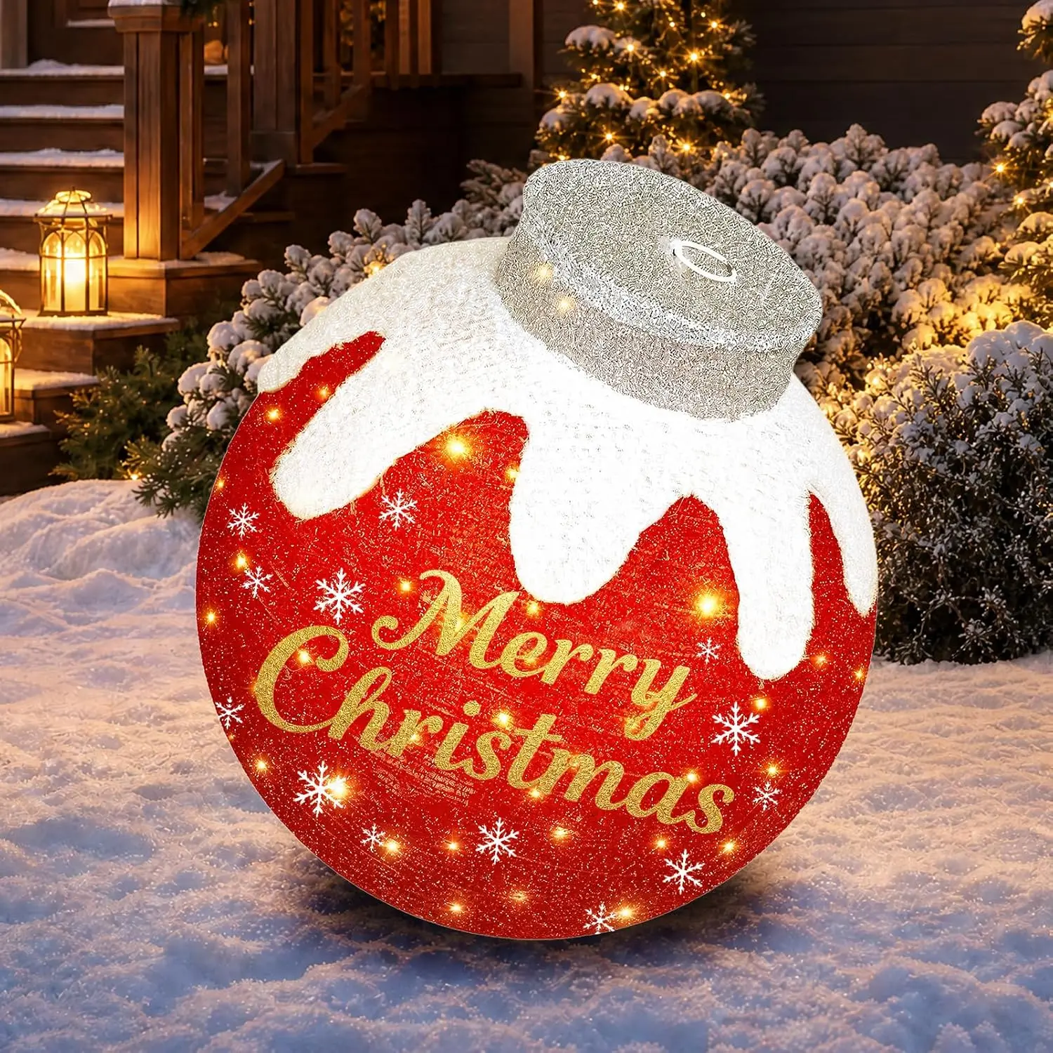 Outdoor Christmas Ball Ornaments, Pop Up Lighted Ball with DIY Sticker | Collapsible Pre Lit Holiday Christmas Decorations, 80 LED Lights, 8 Modes, Weatherproof Use for Yard, Lawn, (Red)