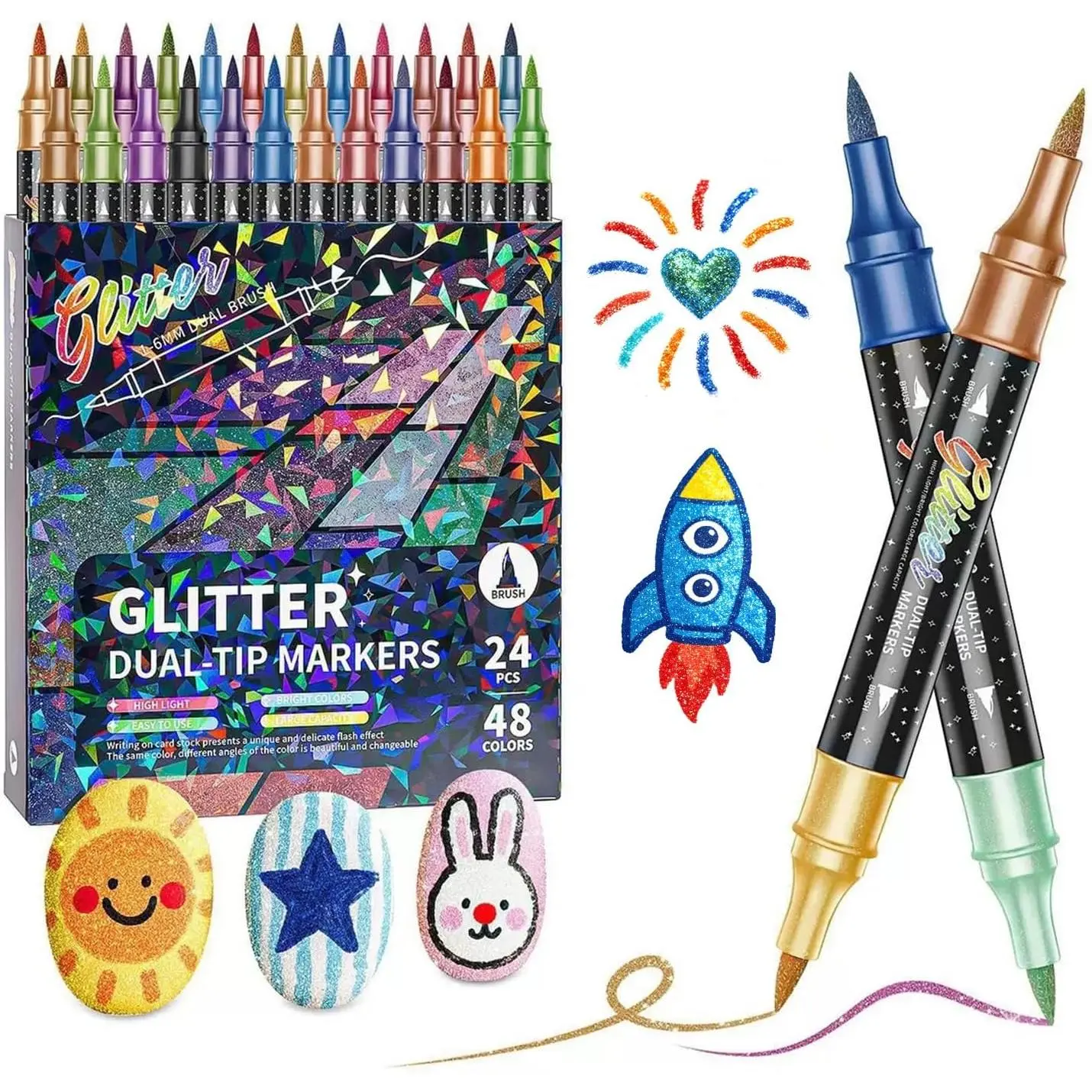 48-Color Dual-Tip Glitter Brush Markers Set - Soft Brush & Fine Tip Quick-Dry Metallic Shimmer Pens for Coloring, Journaling - Office Stationery Writing Tool, Dual Tips