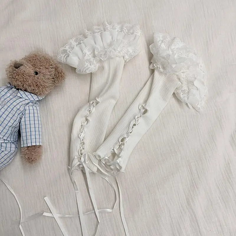 Women Lace Ruffle Arm Warmers Fingerless Gloves Tie-up Elbow Length Sleeves Aesthetic Kawaii Lolita Oversleeve Cuffs Covers