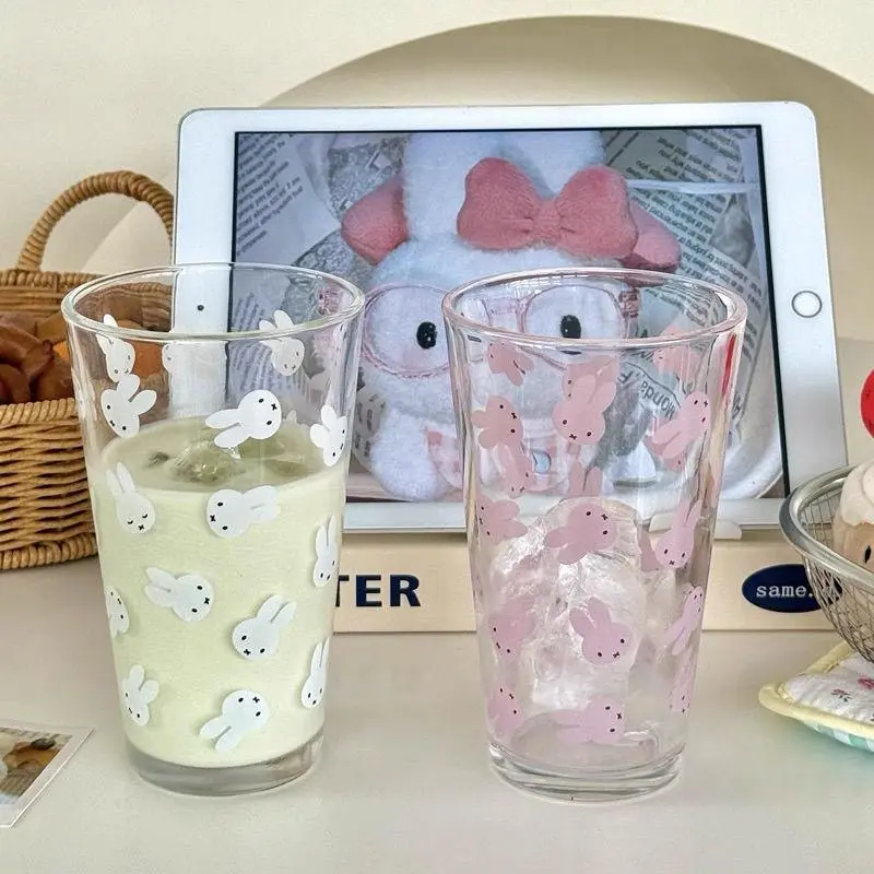 Kawaii Miffy Rabbit Glass Water Cup Cute High Appearance Level Household Glass Cup Large Capacity Summer Cold Drink Coffee Cup