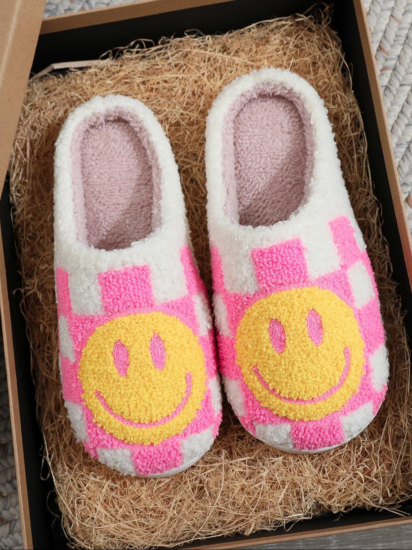 Colorblock Plaid & Smile Face Pattern Plush Slippers, Fashionable Home Slippers for Indoor Outdoor Wear, Fluffy Fall & Winter House Shoes for Women, Unique Gifts for Women, Footwear