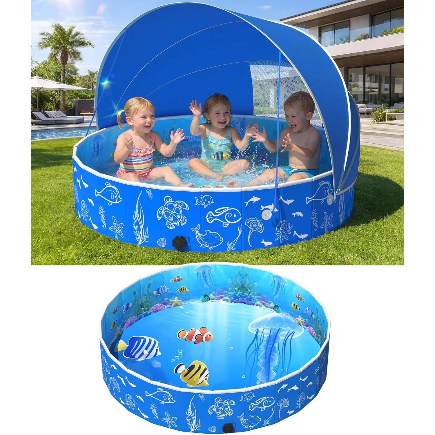 Kiddie Pool with Canopy, 51in Foldable Toddler Pool,Pop Up Baby Pool with Shade,UPF 50+UV Portable Swimming Pool for Kids,Collapsible Baby Pool for Beach, Outdoor Toddler Pool for BackyardGift.