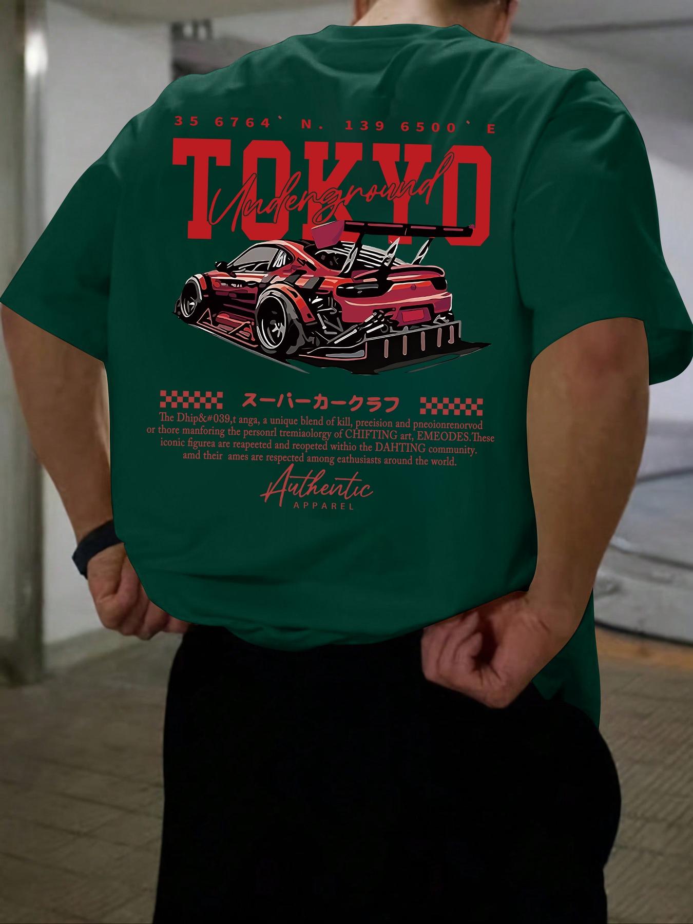 Men's Regular Fit Car & Letter Print Round Neck Tee, Street Fashion Casual Short Sleeve T-shirt for Daily Wear, Men's Top for All Seasons, Tropical, Streetwear