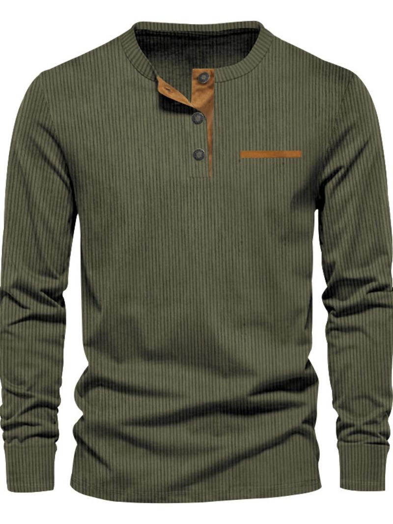 Men's Regular Fit Patchwork Print Half Button Thermal Lined Henry Collar Shirt, Casual Retro Long Sleeve Top for Spring & Fall, Fashion Men's Clothes for Daily Wear, Army Green