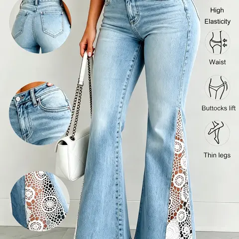 American Vintage Lace Patchwork Bohemian Boho High Waist Flare Leg Trouser Jeans, Everyday Stylish High Waisted Denim High Rise Jeans for Women, Trendy Fashion Clothing Fit Pants, Light Wash