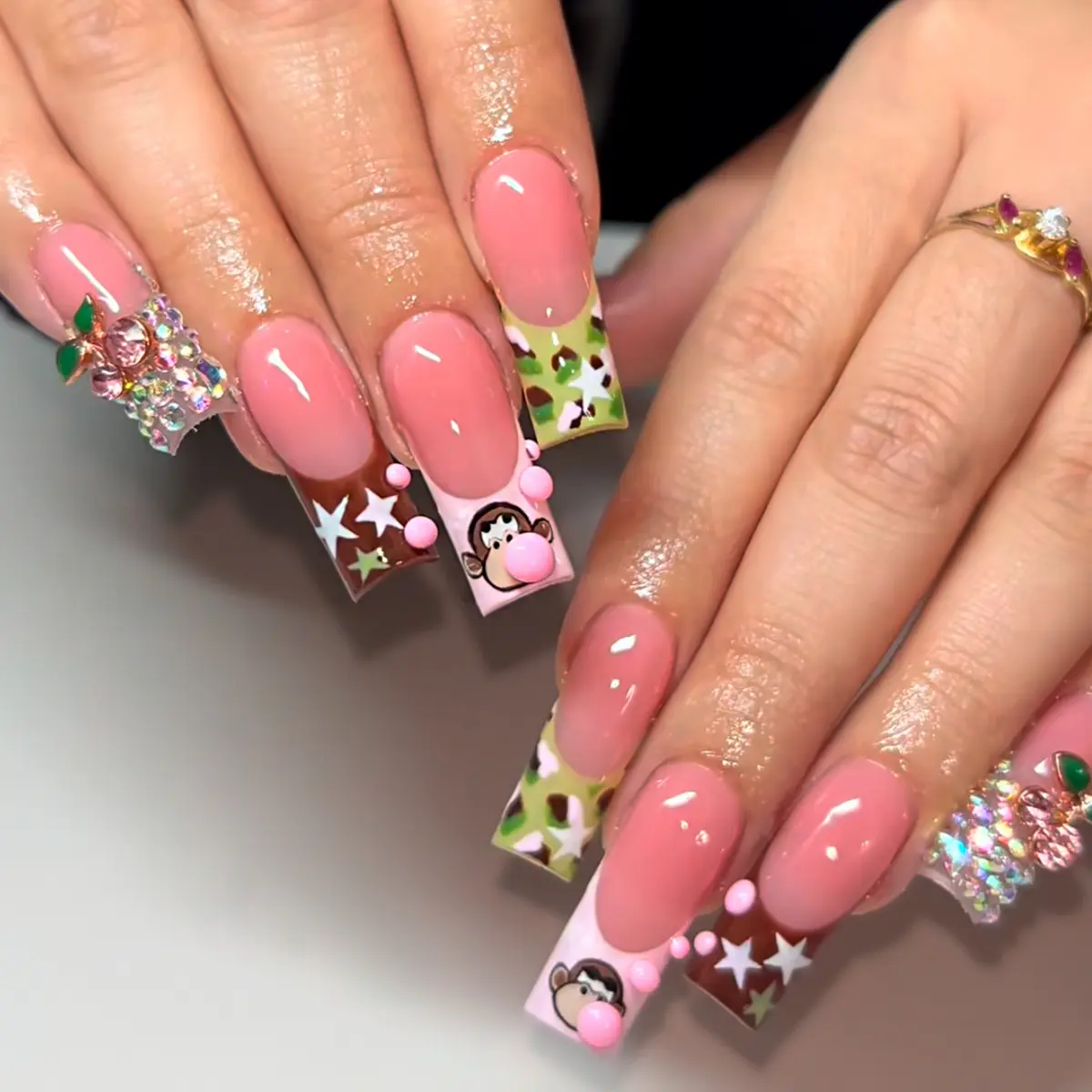 Long Coffin Press On Nails 24 Pieces Cartoon Monkey Star Shiny Glitter Cherry Detachable Fake Nails Reusable Glitter Bling Nail Art Set For Women