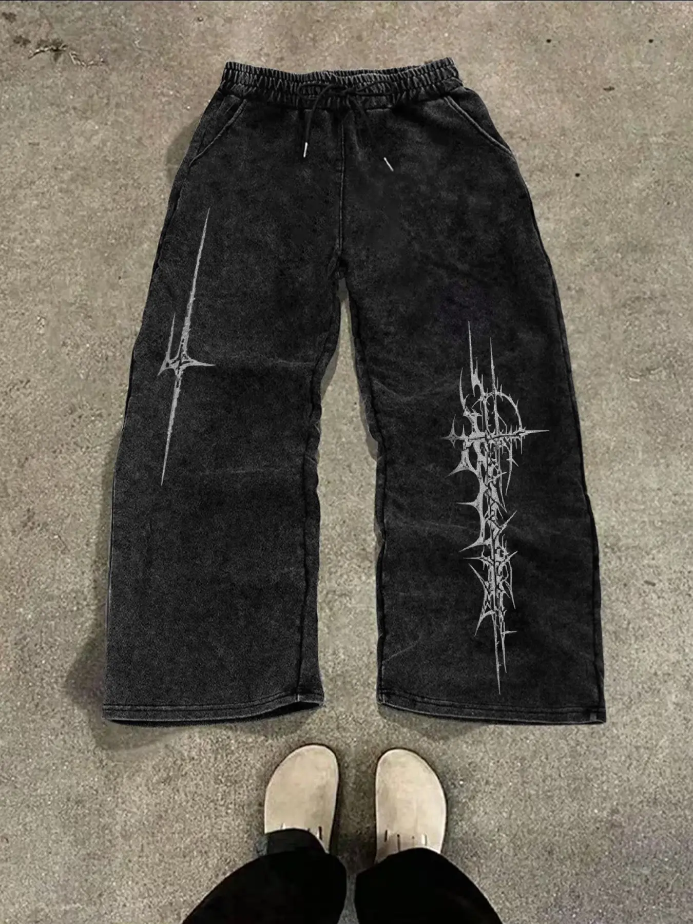 Men's Trendy Long Pants, Gothic Cross Print Vintage Washed Wide Leg Pants, Street Style Men's Long Pants, Fashionable Casual Streetwear Trousers, Printed Casual Pants, Suitable for Avant-Garde