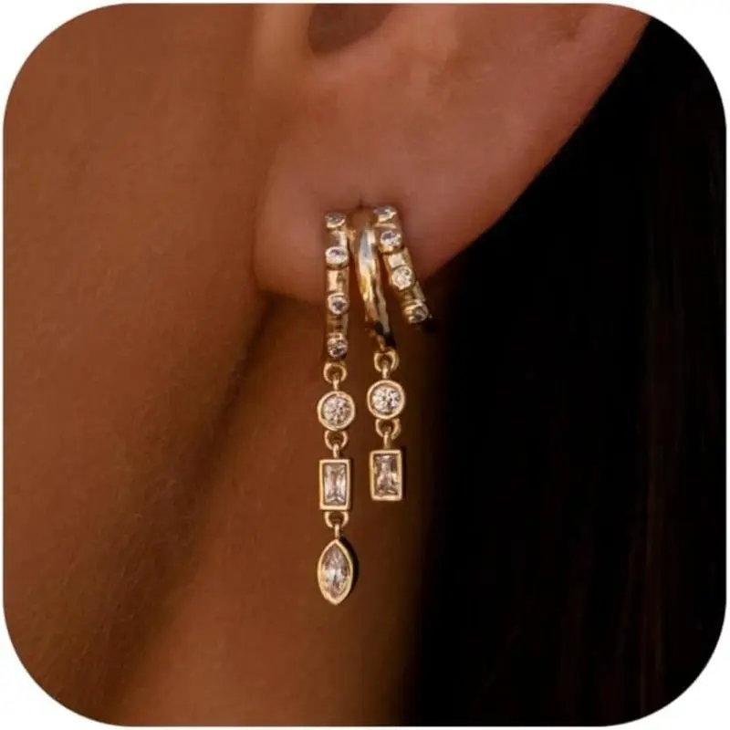 Women's 14K Gold Plated Triple Huggie Dangle Earrings, Long Drop Statement Hoop Earrings, Hypoallergenic Dainty Gold Plated Jewelry, Earrings For Women,summerwins