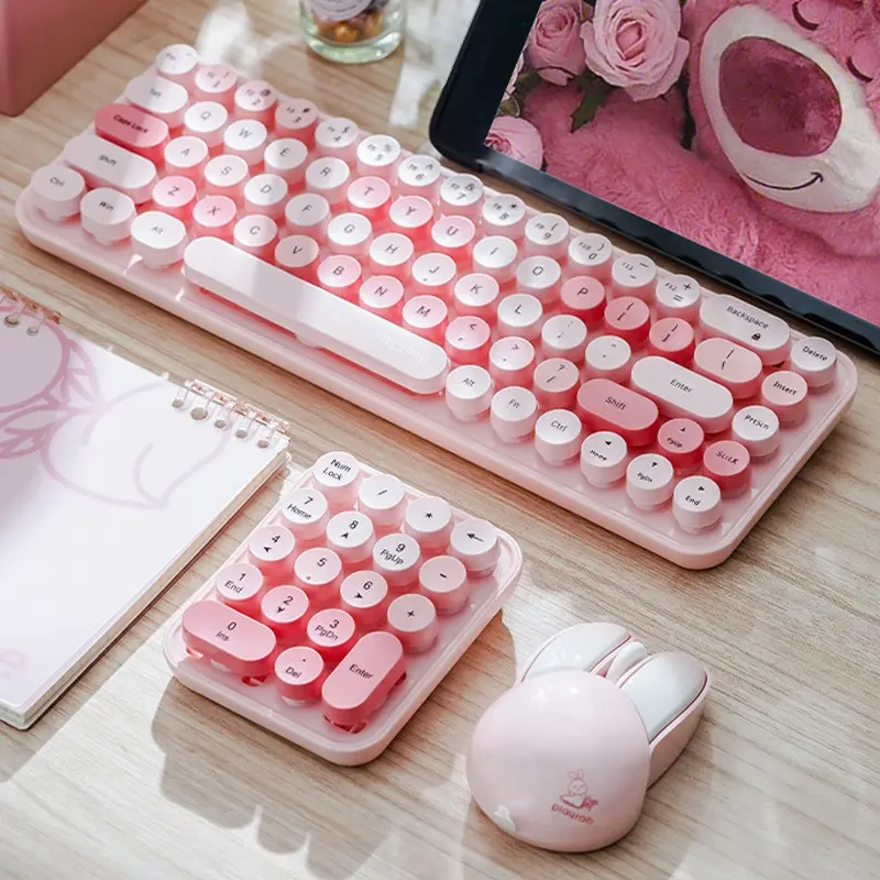 MOFii Pink 3-in-1 Wireless Keyboard & Mouse Combo, Round Keycap Keyboard + Independent Numeric Keypad + Cute Cartoon Bunny Mouse, Portable Office Set, Compatible with Laptops & Desktops