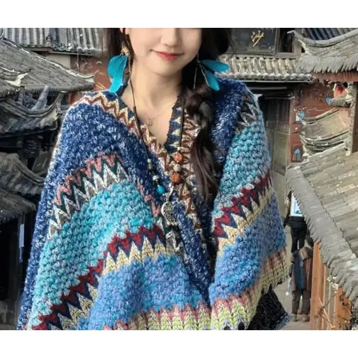 Women's Ethnic Boho Knit Fabric Poncho - Colorful Geometric Striped Thick Crochet Shawl, Loose Warm Travel Wear for Lijiang Ancient Town Vacation & Photography, Casual Bohemian Outerwear