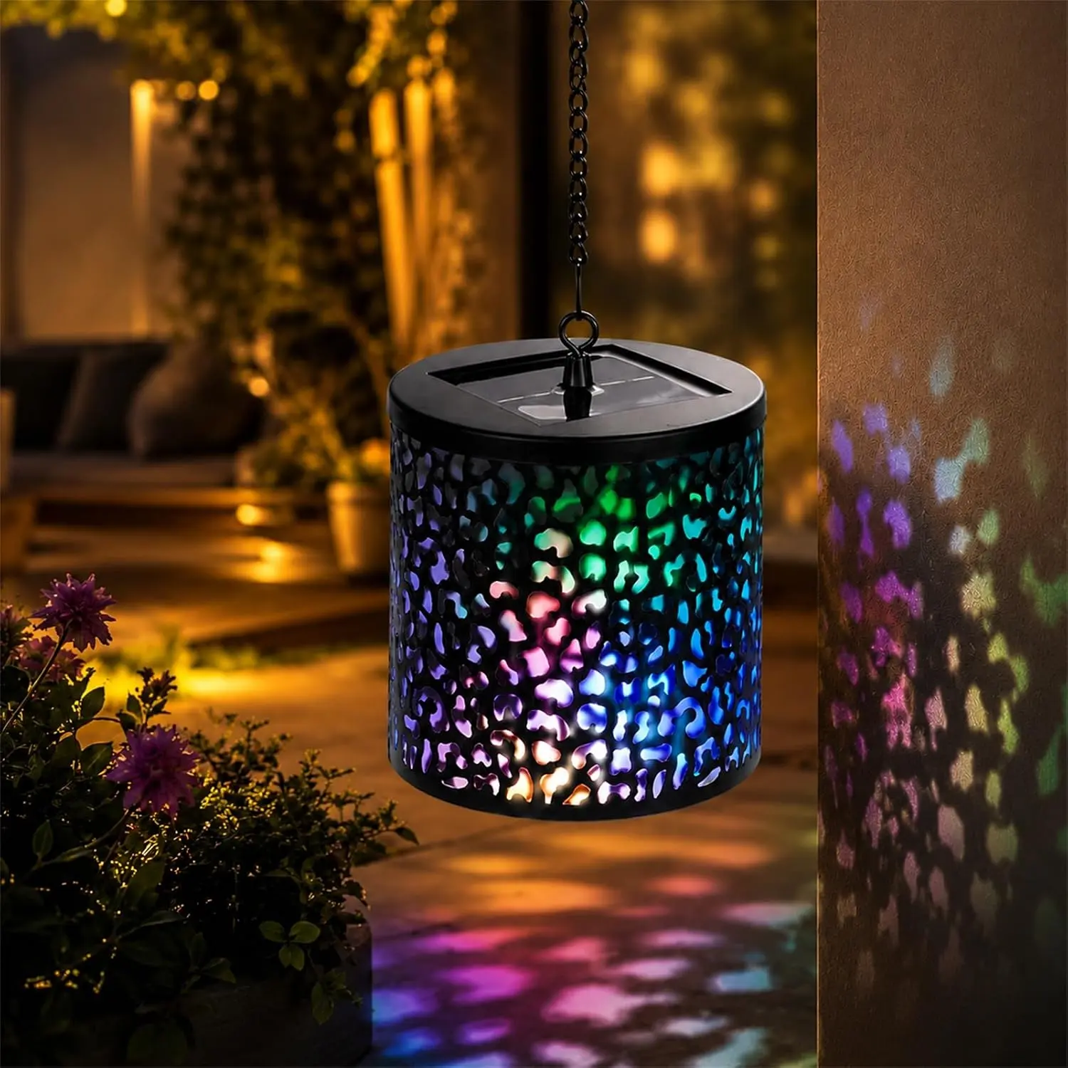 1-Pack Modern Outdoor Solar RGB LED Lantern - Synthetic Iron Art Lights with S-Hooks, Auto On/Off, Type-C Charge for Garden, Pathway